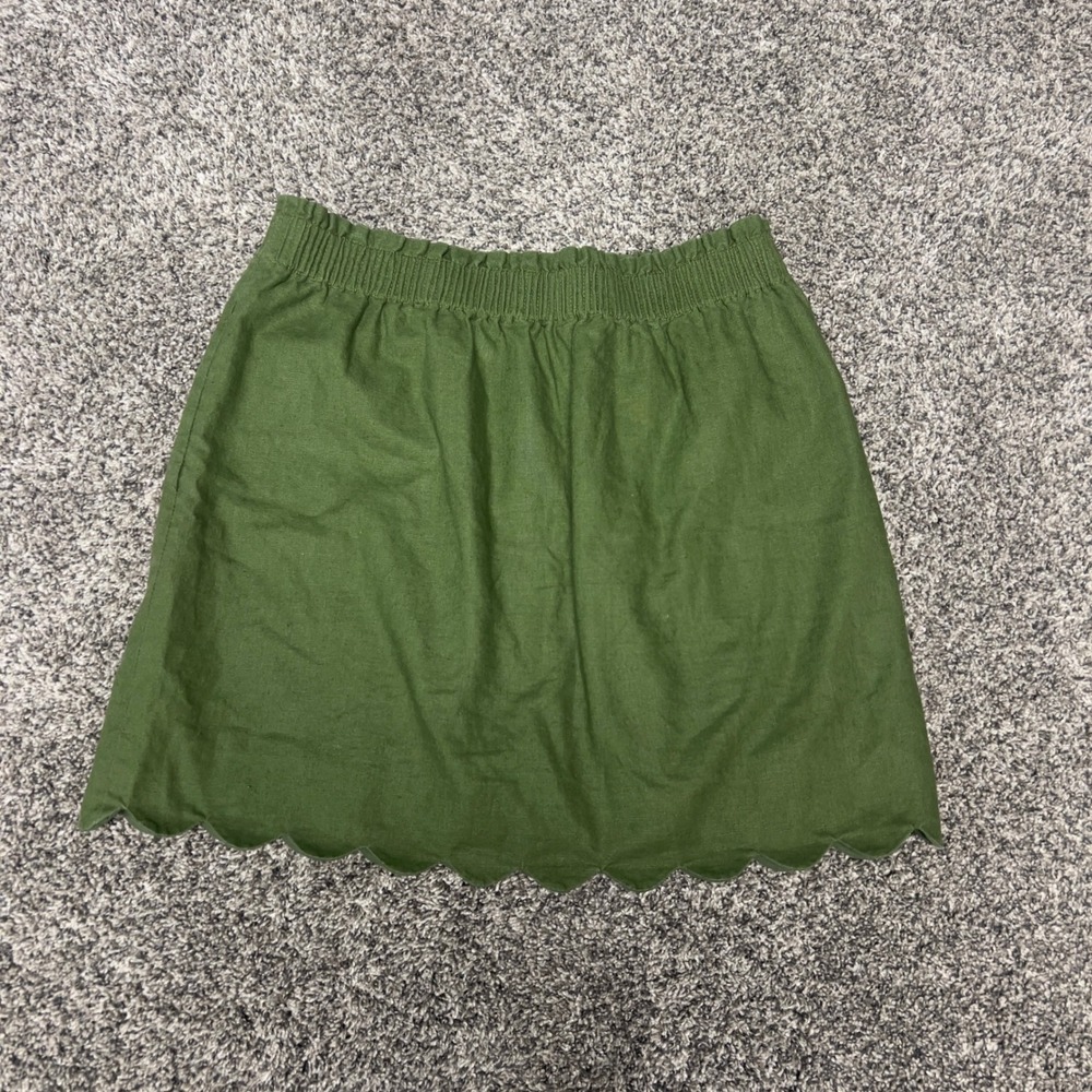 J. Crew Scalloped Hem Linen Blend Mini Skirt Olive Green Smocked Waist H5397 10 - Picture 2 of 6